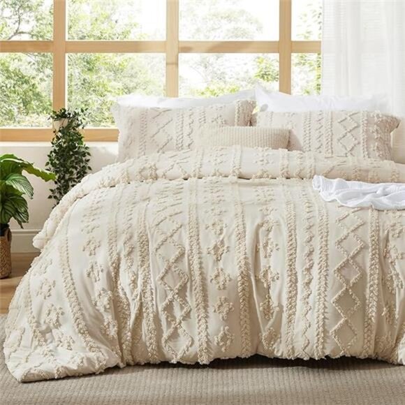 Tufted Boho Comforter Set King Size - Beige Boho Bed Set, 3 Pieces Farmhouse - Picture 7 of 7